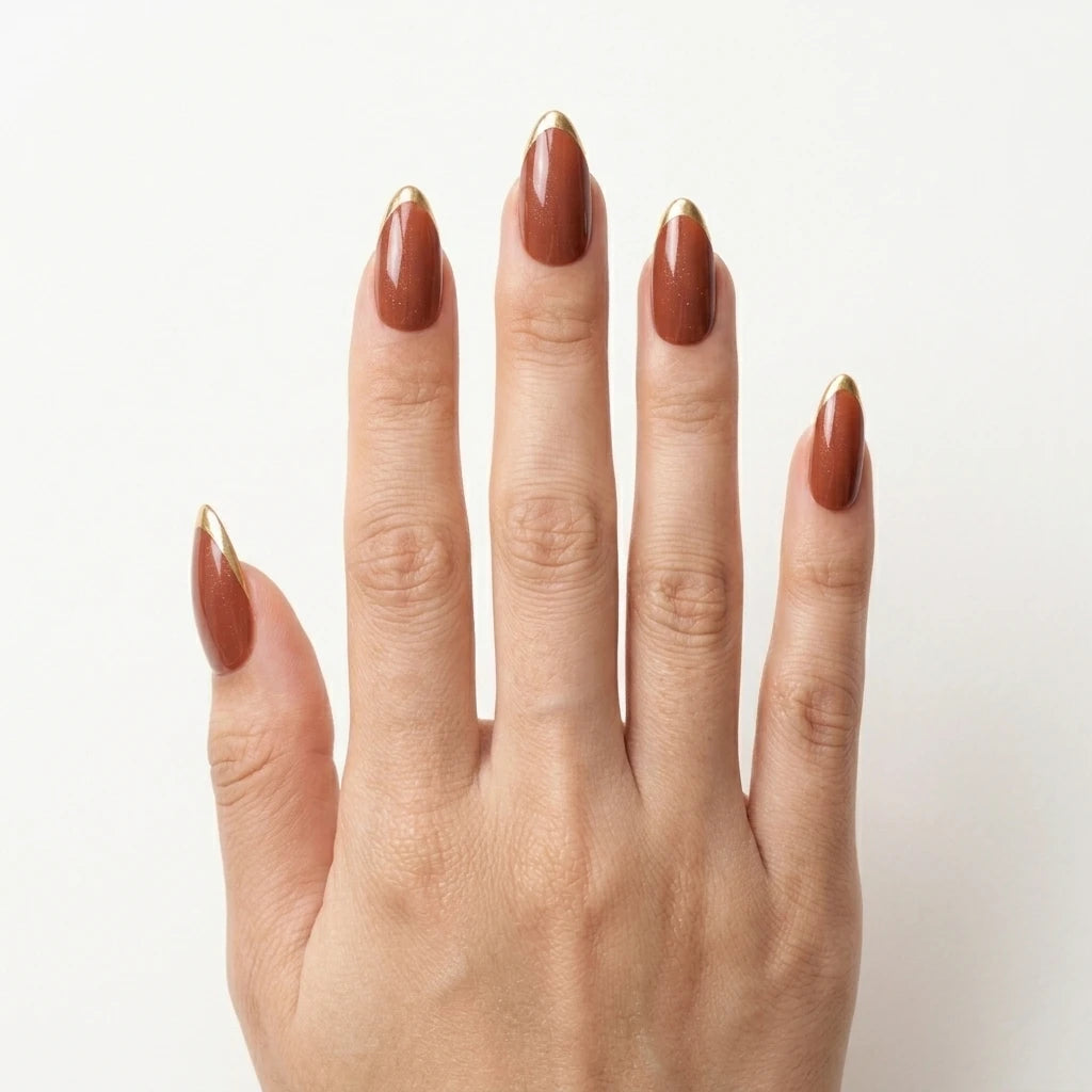 brown gold chrome french tip almond press on nails glossy mockup 01