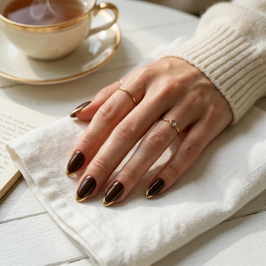 brown gold chrome french tip almond press on nails lifestyle 01