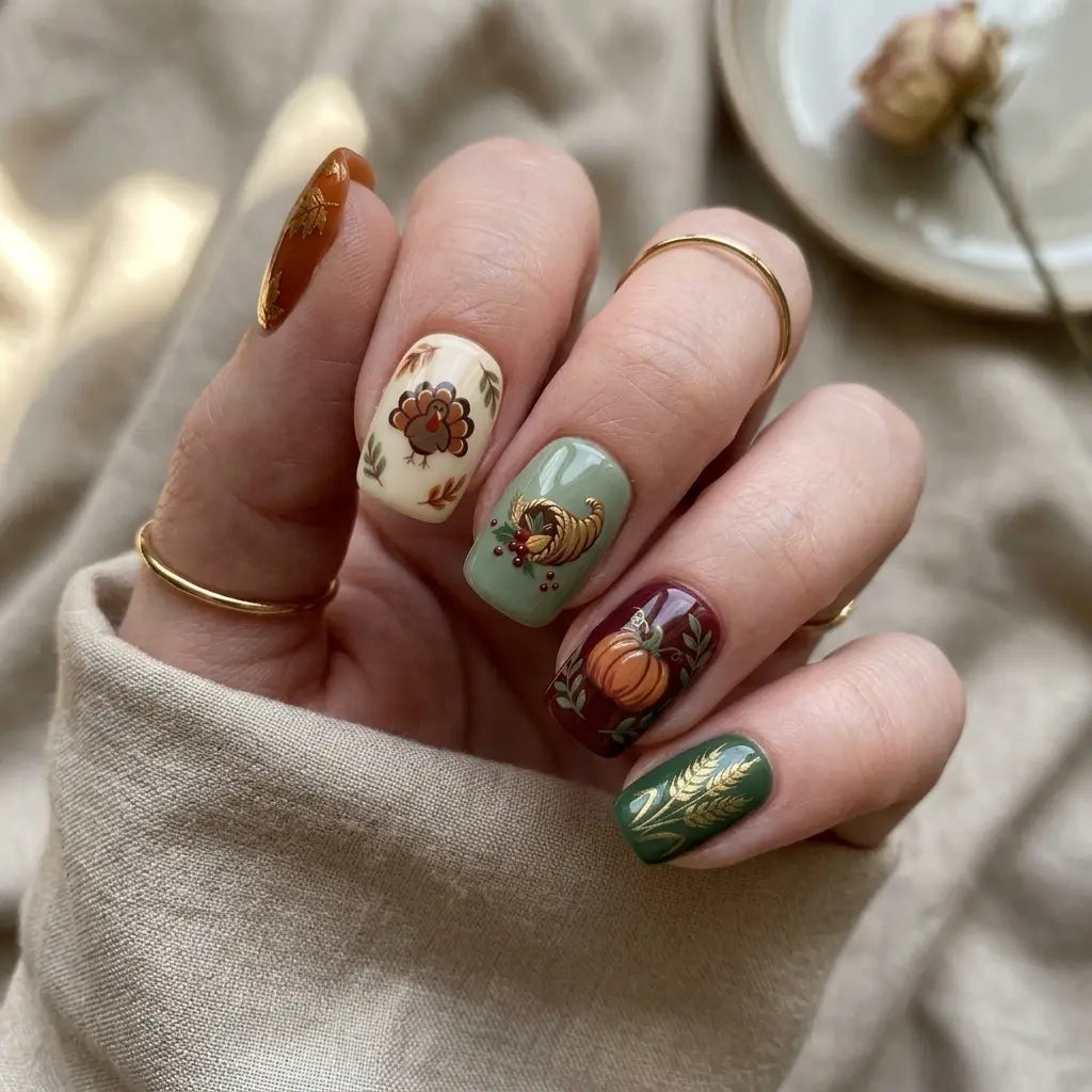 brown green ivory hand painted thanksgiving square short press on nails turkey flat lay 04
