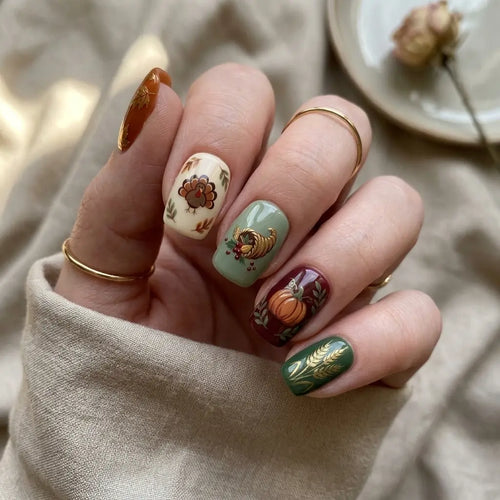 brown green ivory hand painted thanksgiving square short press on nails turkey flat lay 04