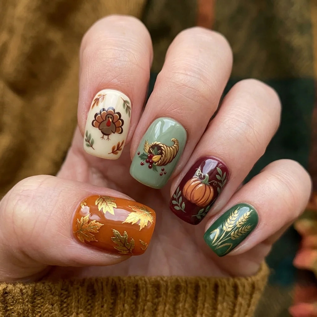 brown green ivory hand painted thanksgiving square short press on nails turkey lifestyle 02