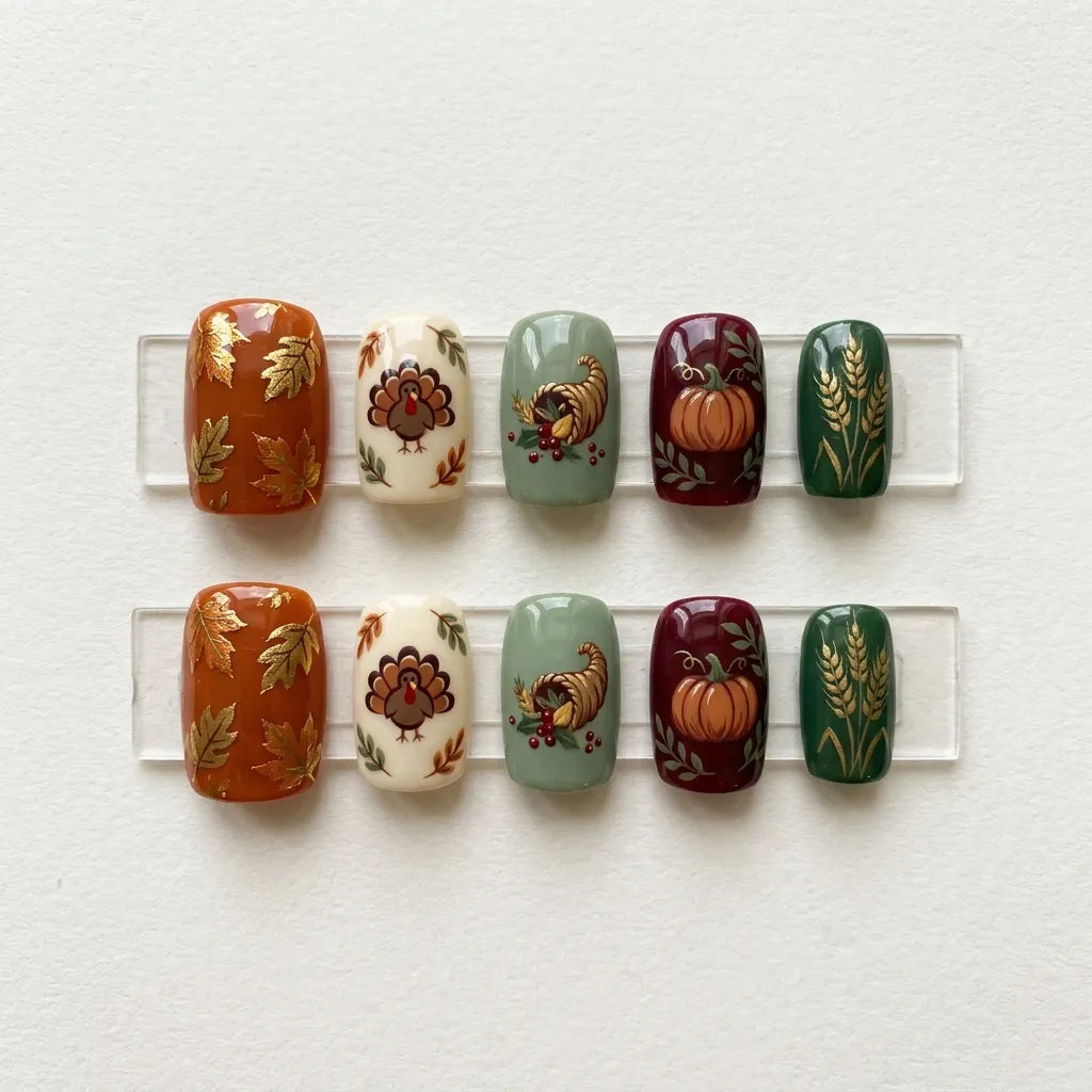 brown green ivory hand painted thanksgiving square short press on nails turkey lifestyle 03