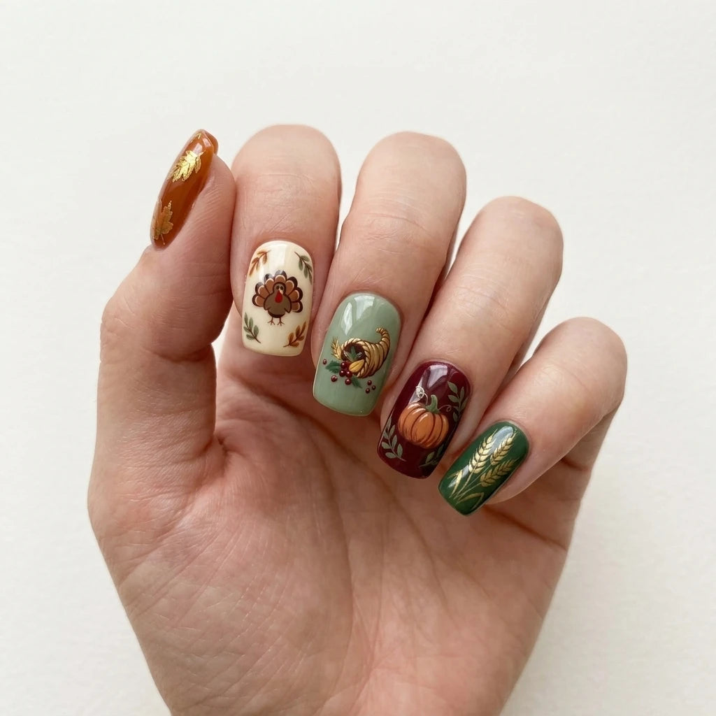 brown green ivory hand painted thanksgiving square short press on nails turkey mockup 01