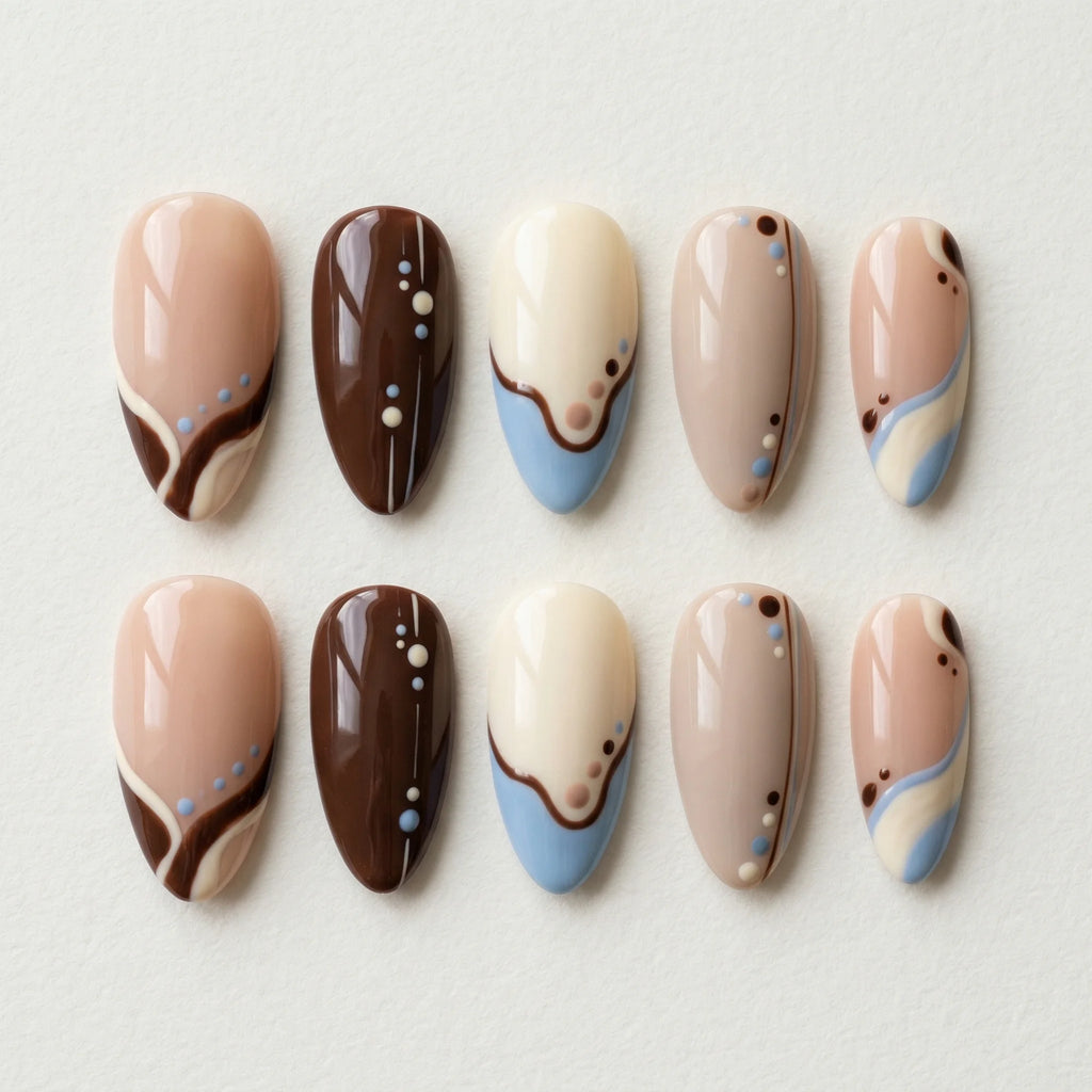 brown hand painted almond medium press on nails abstract blue dot flat lay 01