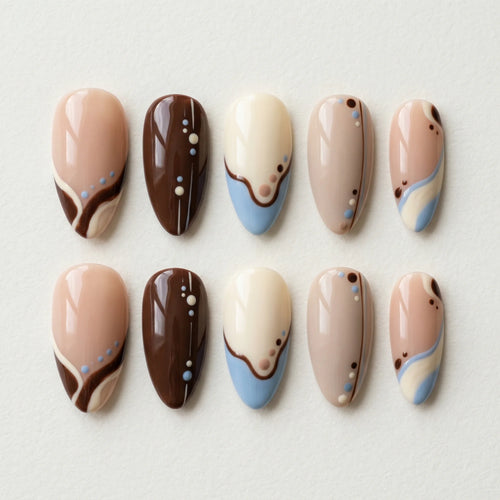 brown hand painted almond medium press on nails abstract blue dot flat lay 01