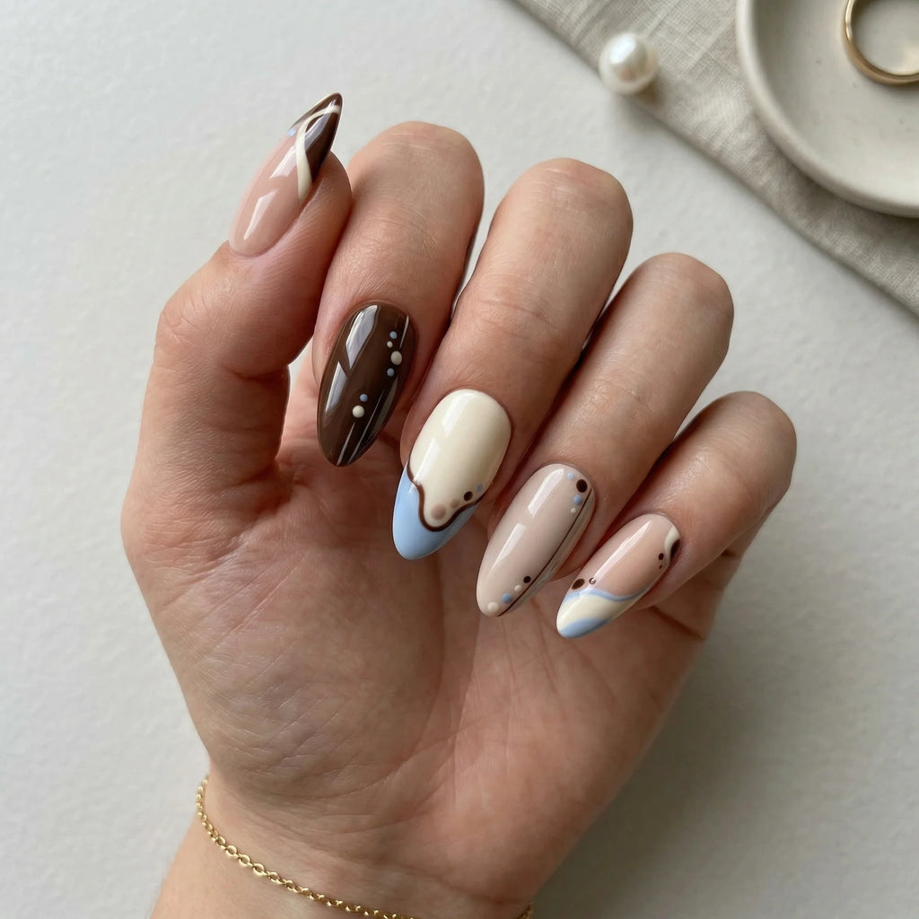 brown hand painted almond medium press on nails abstract blue dot lifestyle 02