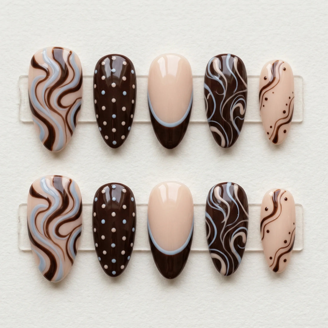 brown hand painted almond medium press on nails swirl polka dot lifestyle 02