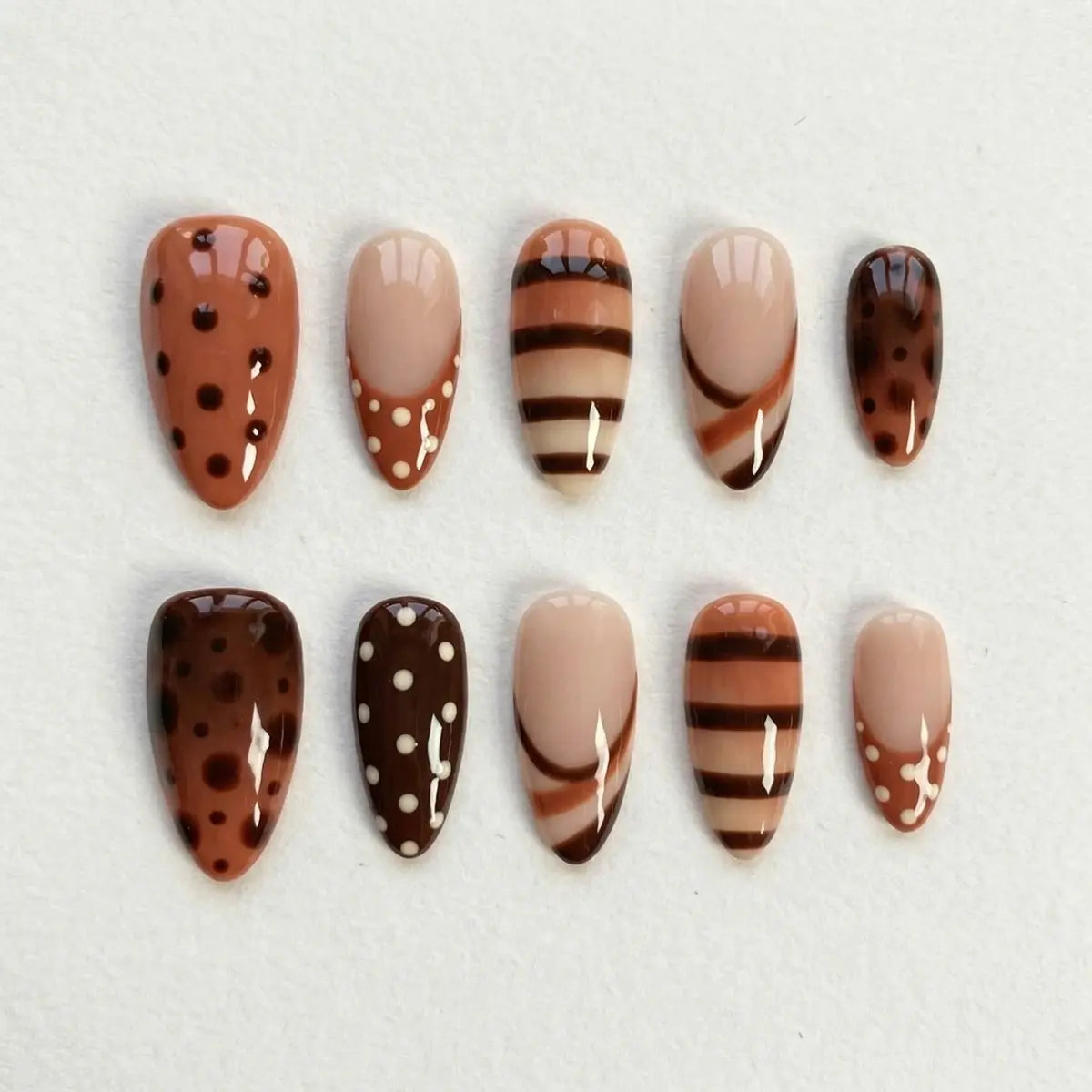 brown hand painted coffin press on nails polka dots stripes mockup 01