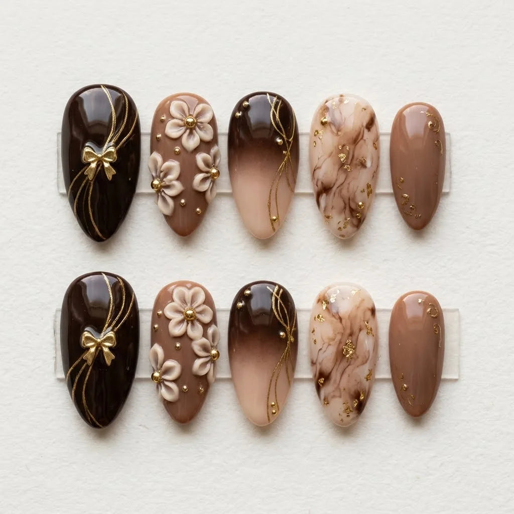 brown nude 3d marble ombre almond press on nails floral ribbon bow detail 01