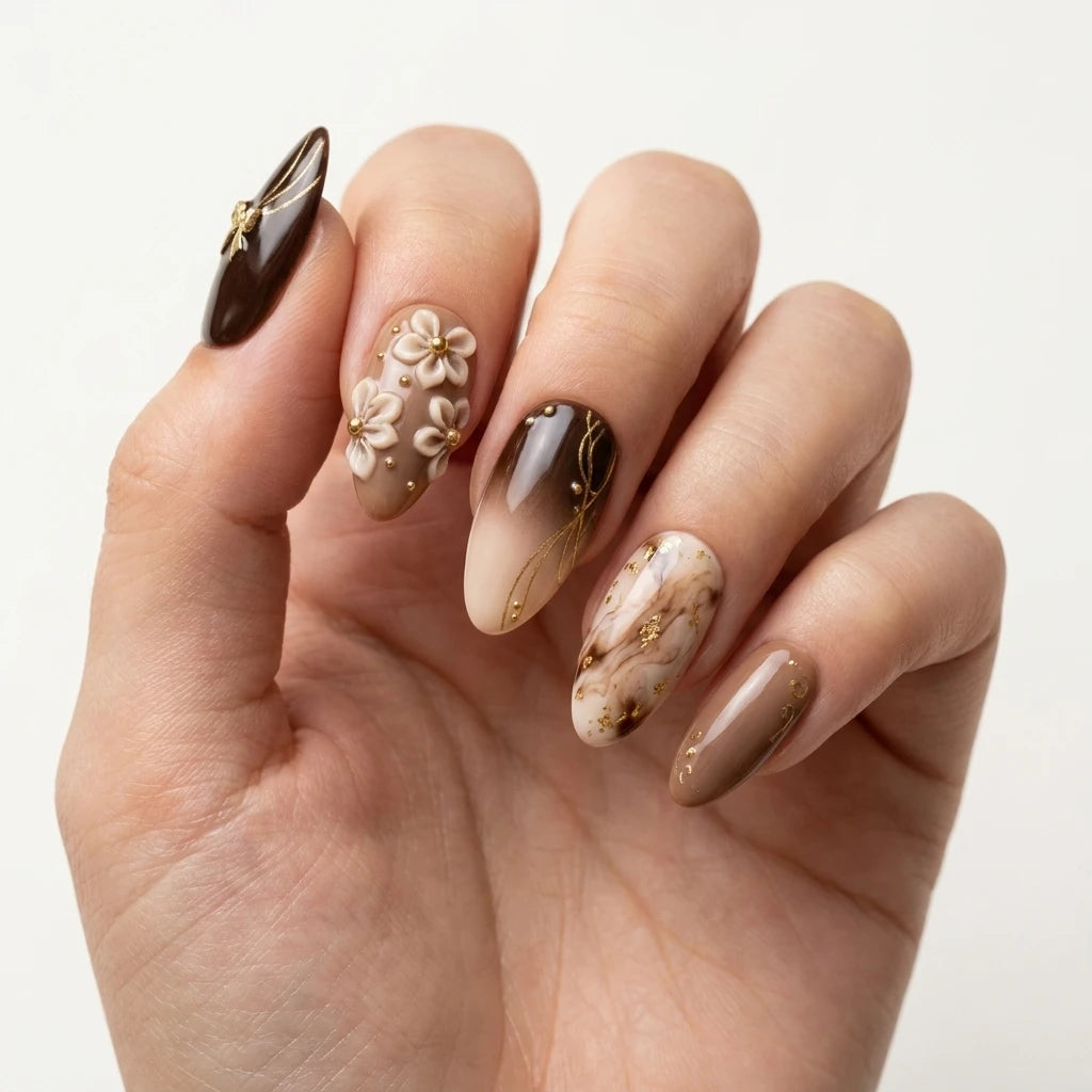 brown nude 3d marble ombre almond press on nails floral ribbon bow flat lay 01