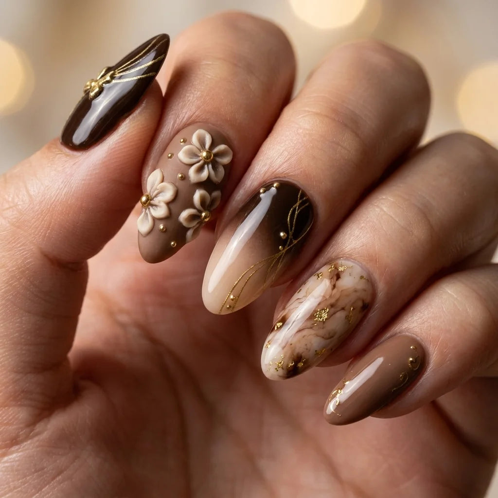 brown nude 3d marble ombre almond press on nails floral ribbon bow lifestyle 01