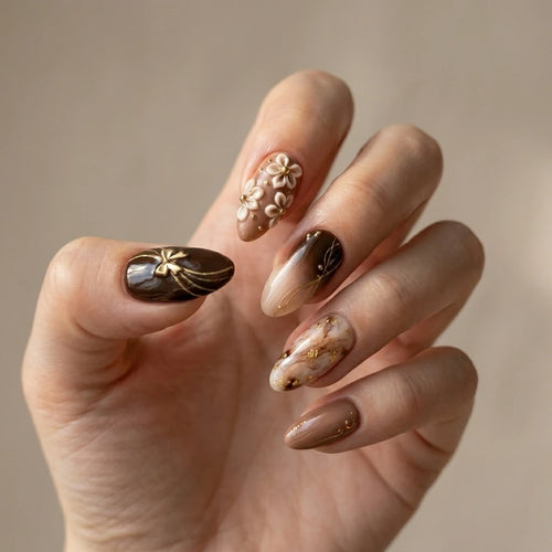 brown nude 3d marble ombre almond press on nails floral ribbon bow mockup 01