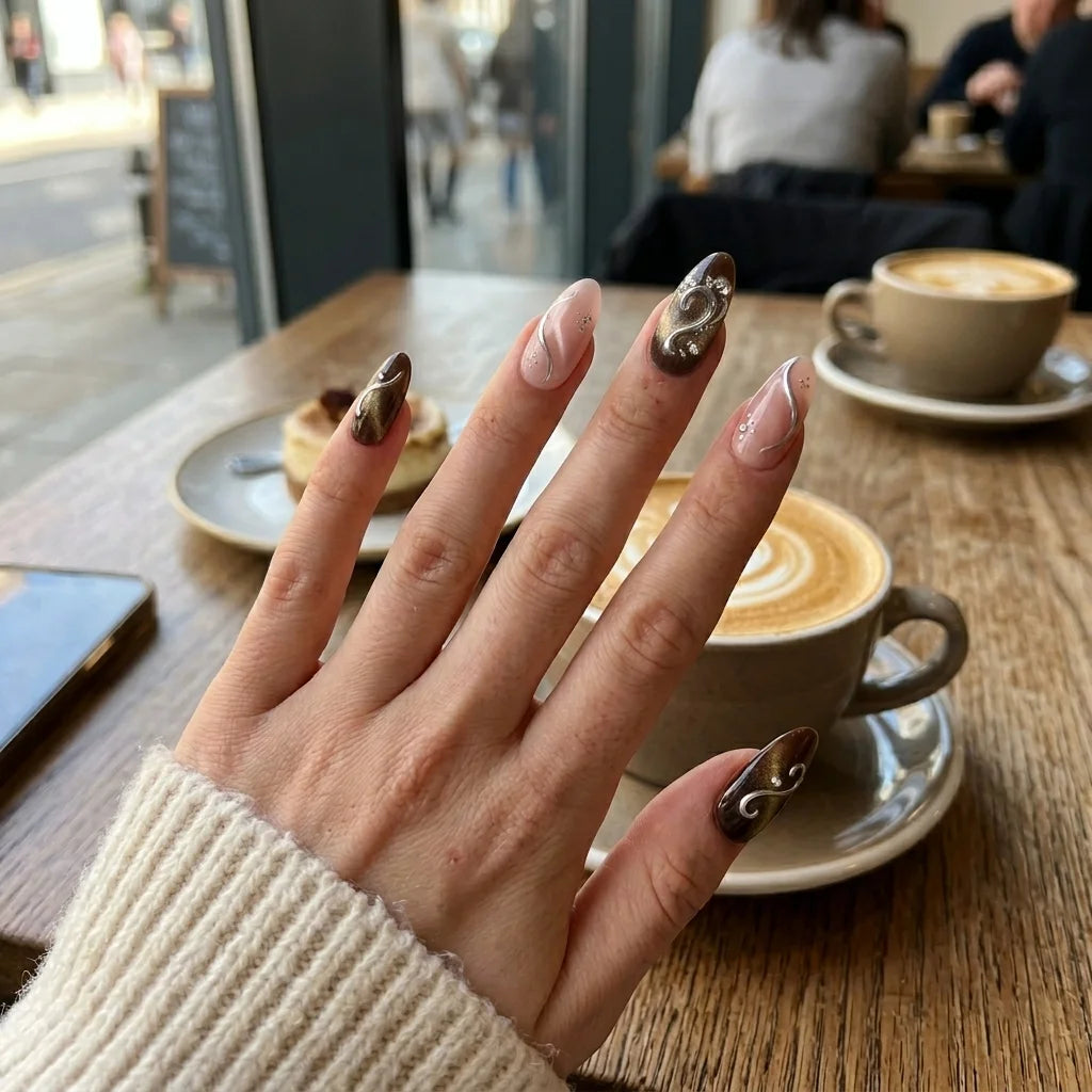 brown nude cat eye almond medium press on nails silver swirl detail 01