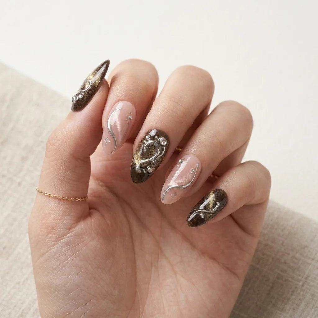 brown nude cat eye almond medium press on nails silver swirl flat lay 01