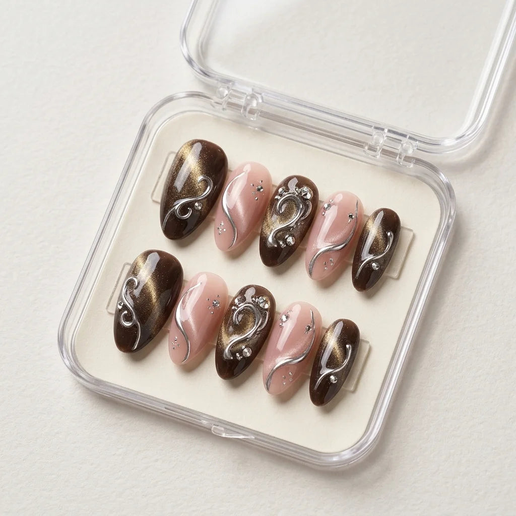 brown nude cat eye almond medium press on nails silver swirl mockup 01