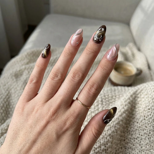 brown nude cat eye almond medium press on nails silver swirl mockup 02