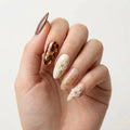 brown nude cream 3d almond press on nails floral leaf tortoiseshell detail 01