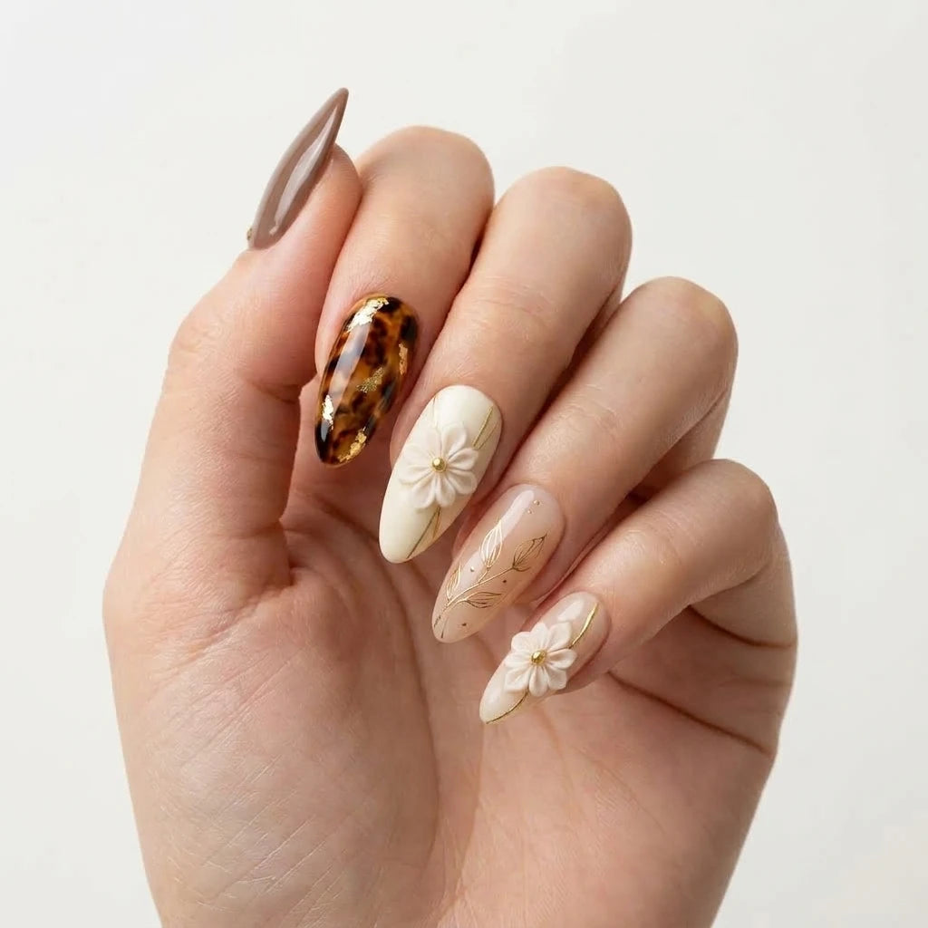 brown nude cream 3d almond press on nails floral leaf tortoiseshell detail 01