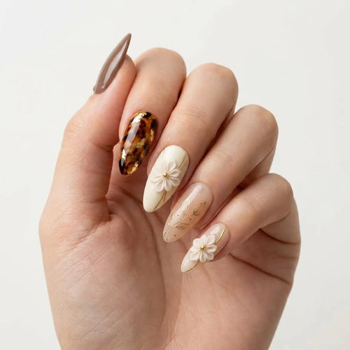 brown nude cream 3d almond press on nails floral leaf tortoiseshell detail 01