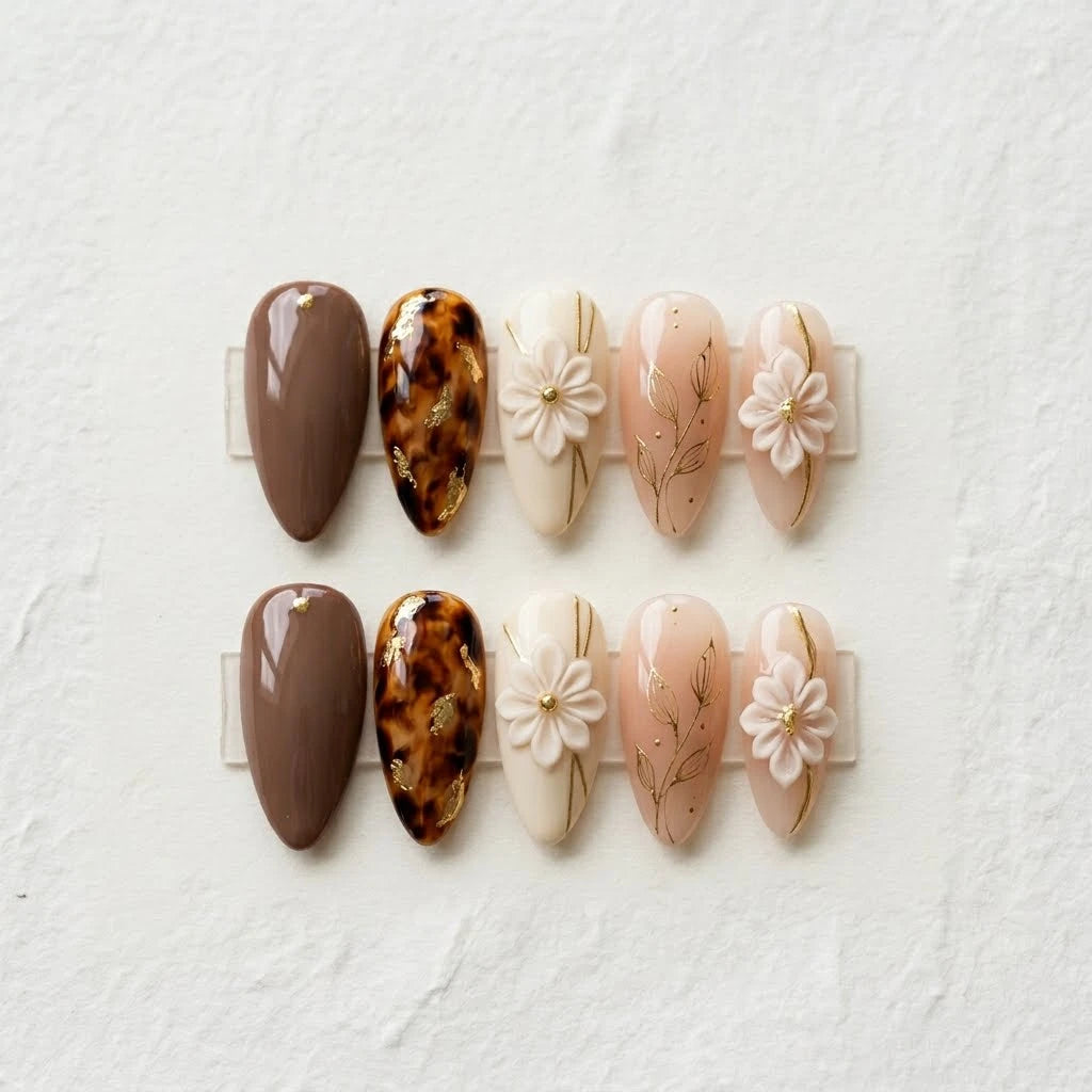brown nude cream 3d almond press on nails floral leaf tortoiseshell lifestyle 01