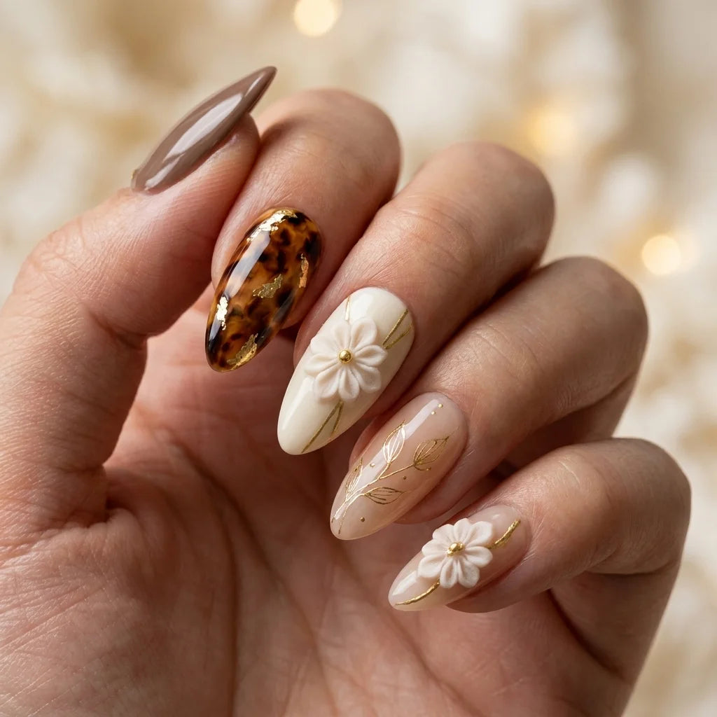 brown nude cream 3d almond press on nails floral leaf tortoiseshell mockup 01