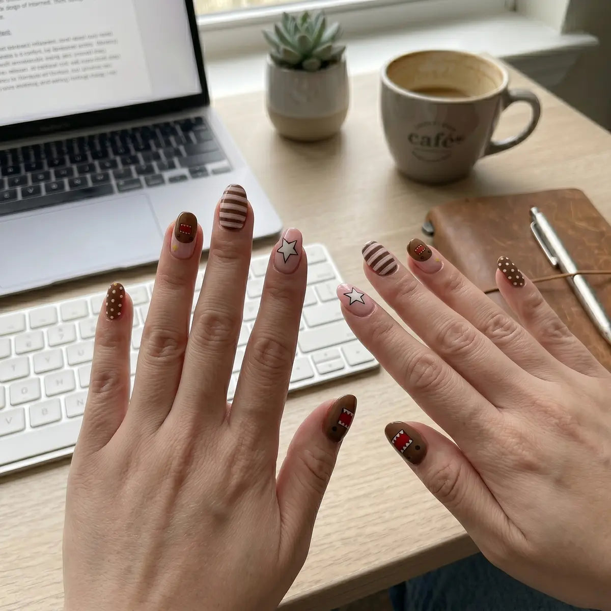 brown nude pink hand painted oval short press on nails domo star stripe polka dot detail 03
