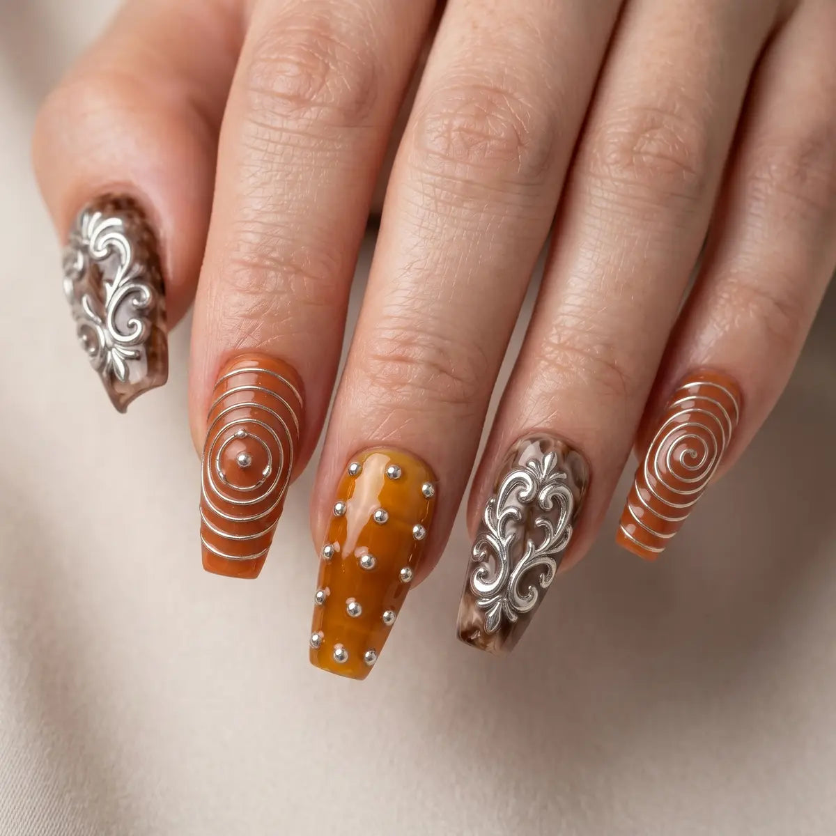 brown orange 3d coffin long press on nails silver swirl lifestyle 02