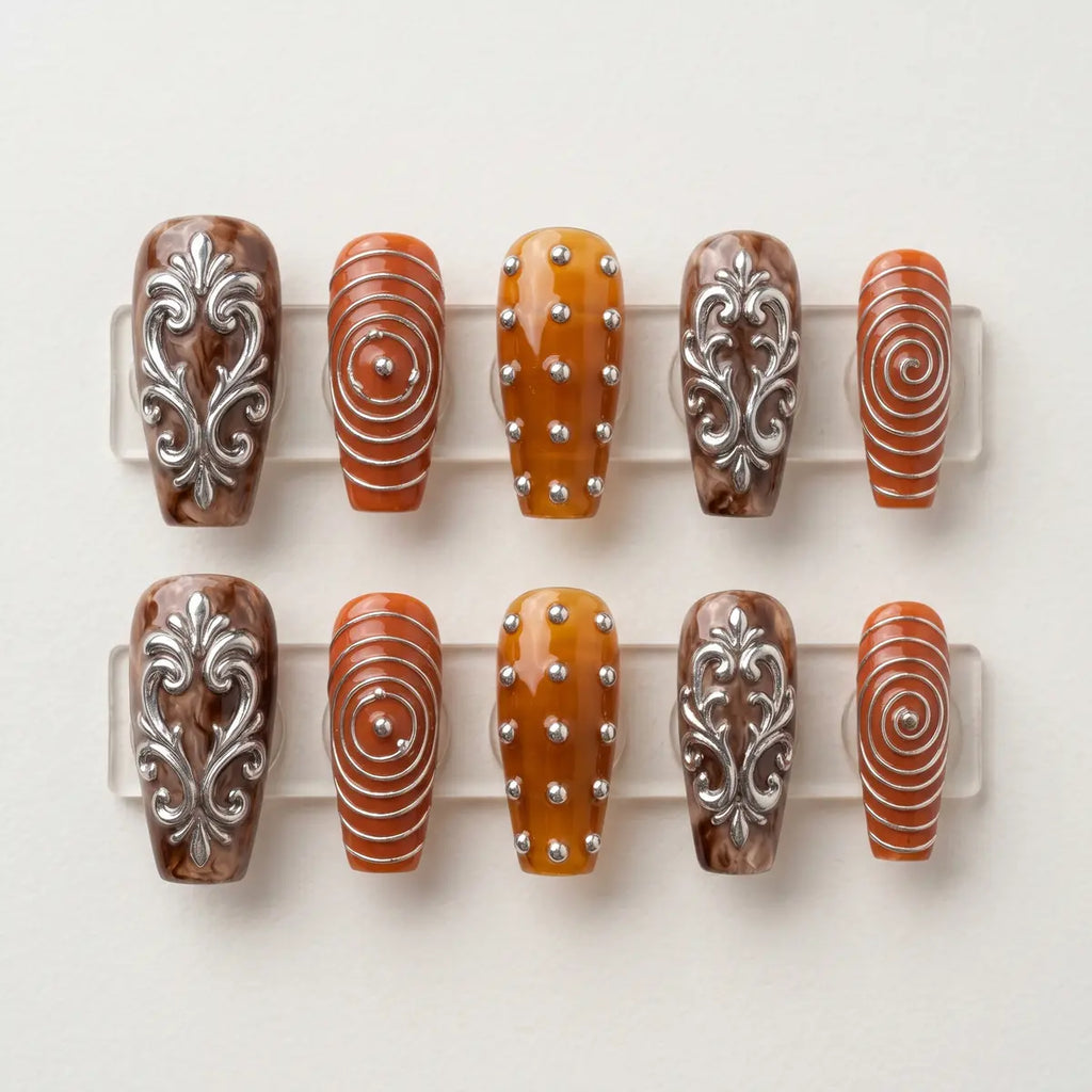 brown orange 3d coffin long press on nails silver swirl mockup 01