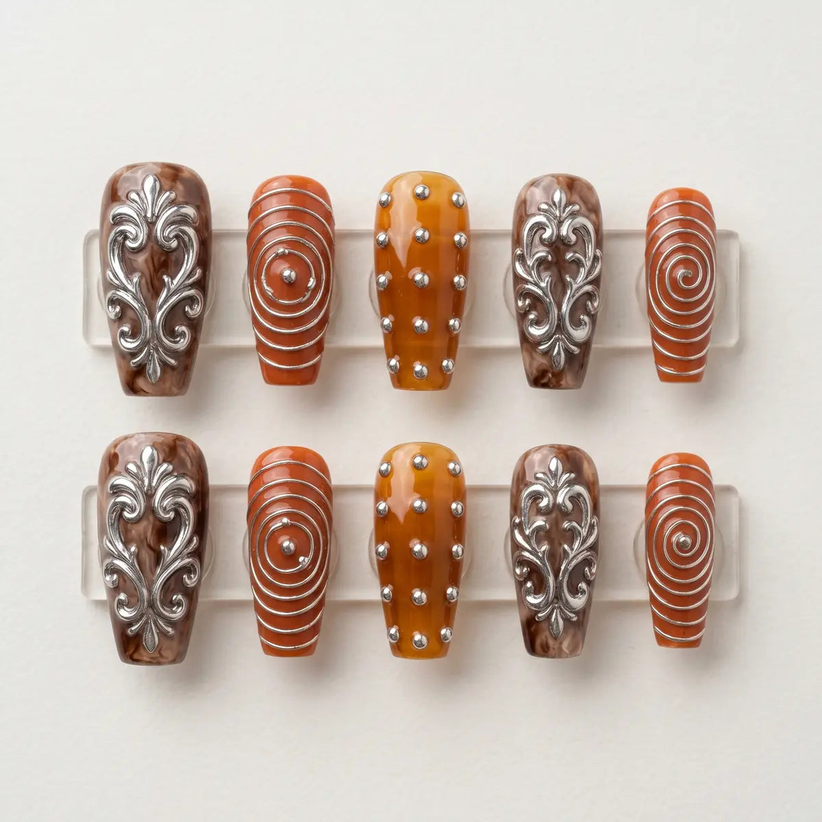 brown orange 3d coffin long press on nails silver swirl mockup 01