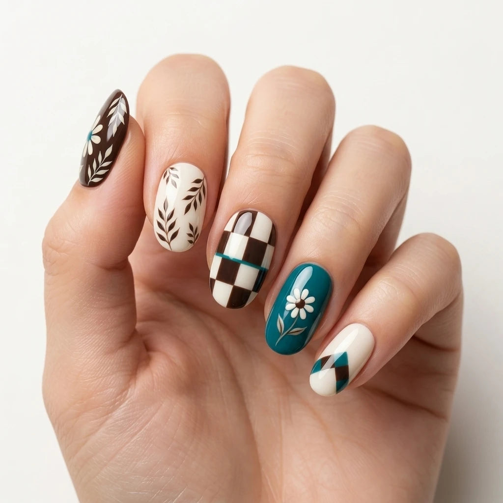 brown teal ivory hand painted oval press on nails floral pattern checkerboard flat lay 03