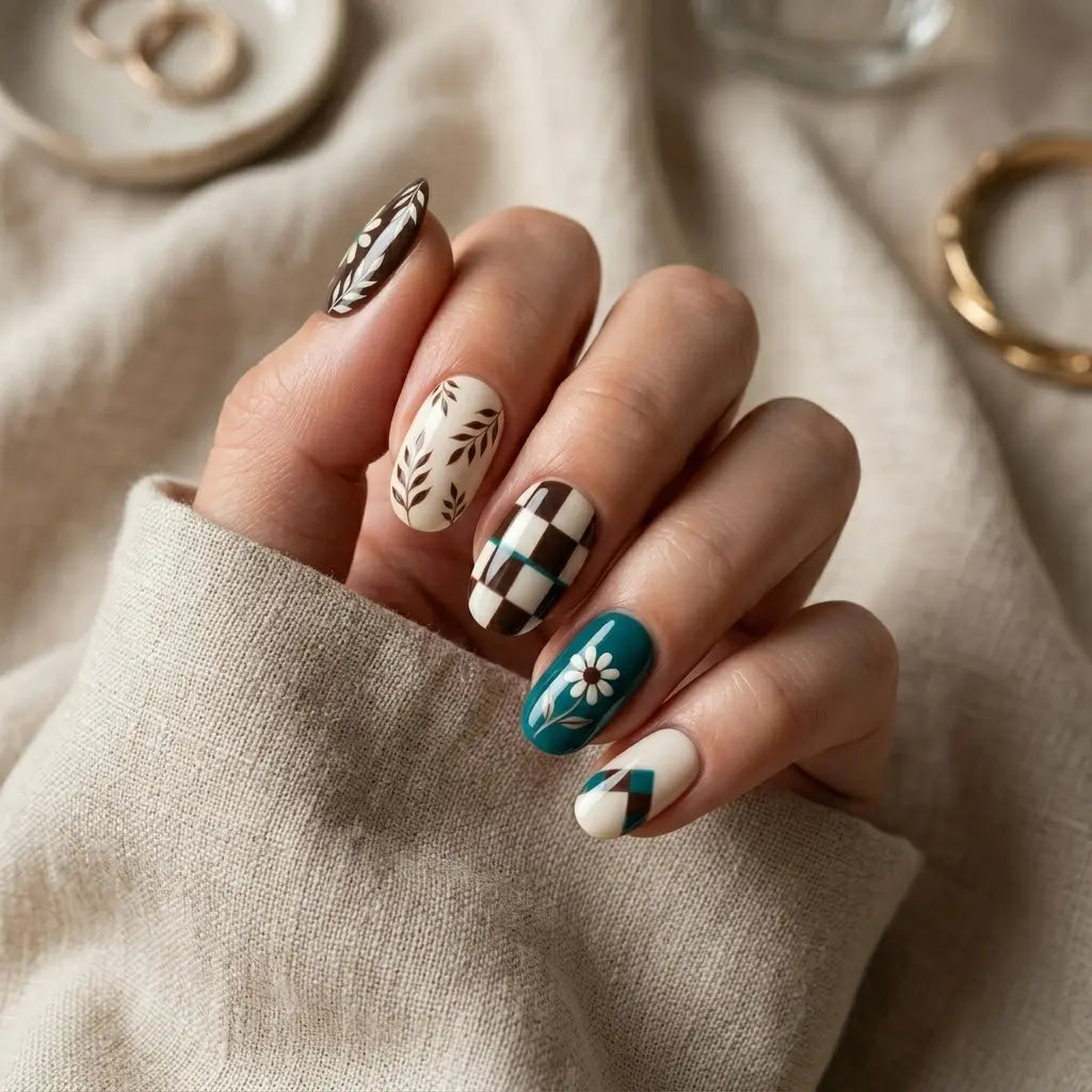 brown teal ivory hand painted oval press on nails floral pattern checkerboard lifestyle 02
