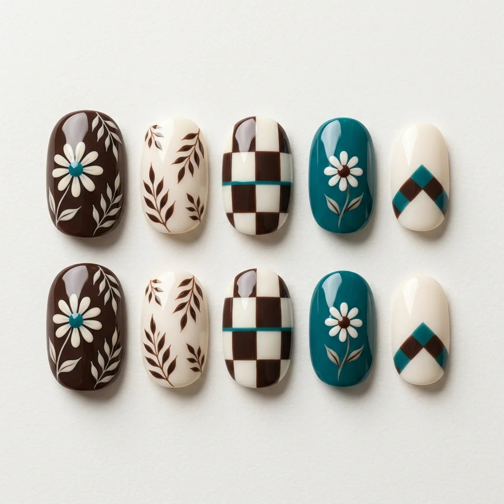 brown teal ivory hand painted oval press on nails floral pattern checkerboard mockup 01