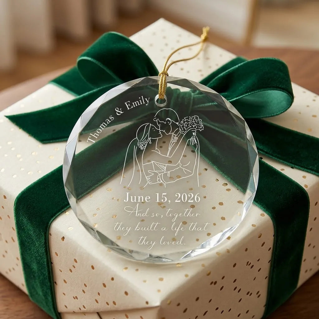 Personalized wedding anniversary glass ornament presented beside a wrapped holiday gift box on rustic wooden background