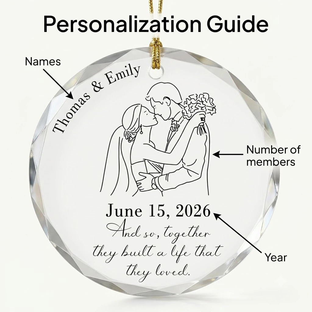 Personalization instruction card showing text input fields for custom names, dates and year on glass ornament