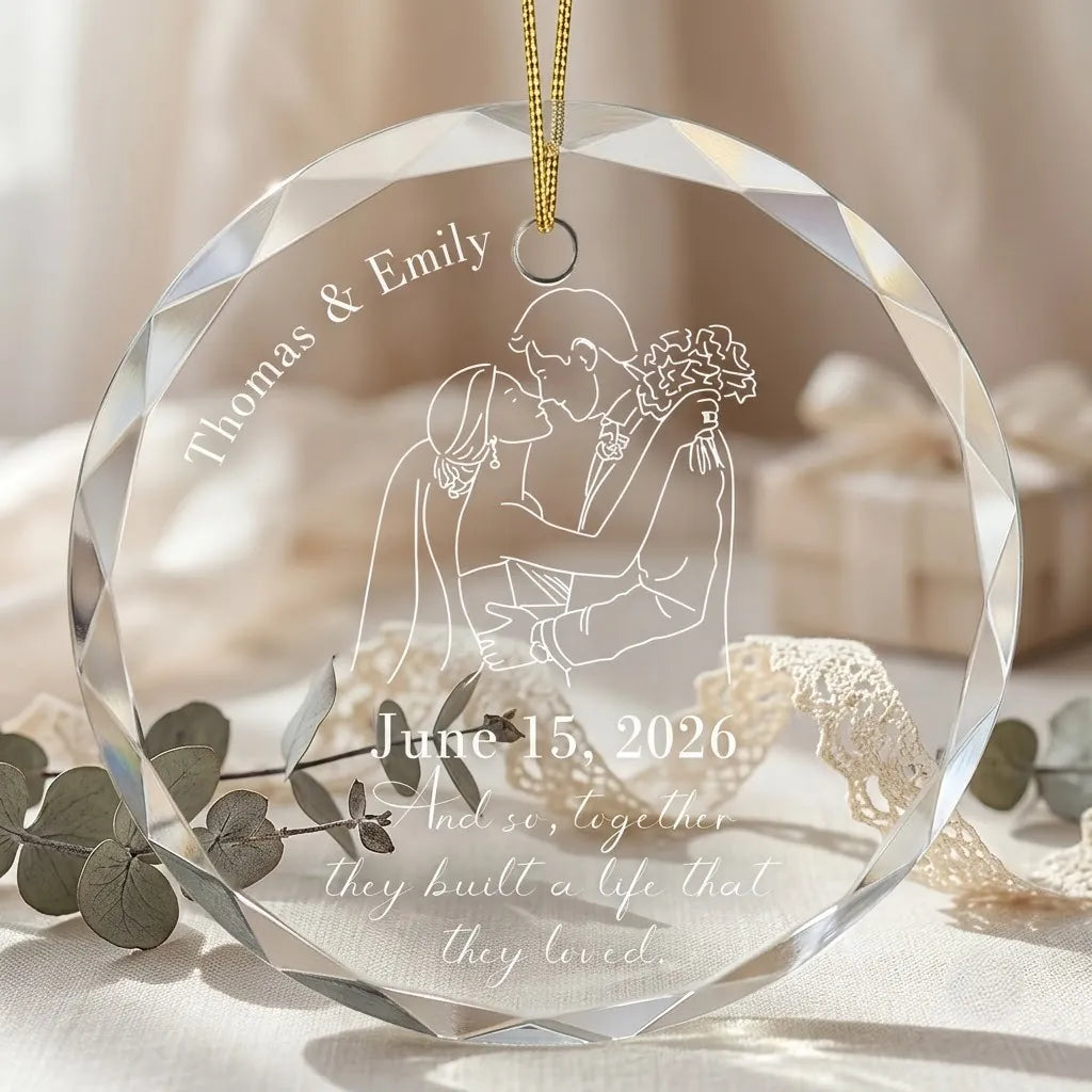 Cozy Christmas holiday scene displaying the custom transparent glass ornament hanging near mantel decor