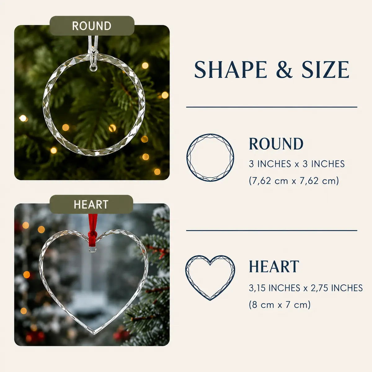 Product specification diagram indicating 3 inch circular diameter, beveled glass thickness and gold hanging string