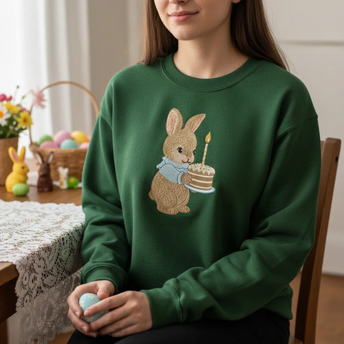 bunny birthday cake embroidery forest green sweatshirt lifestyle 02