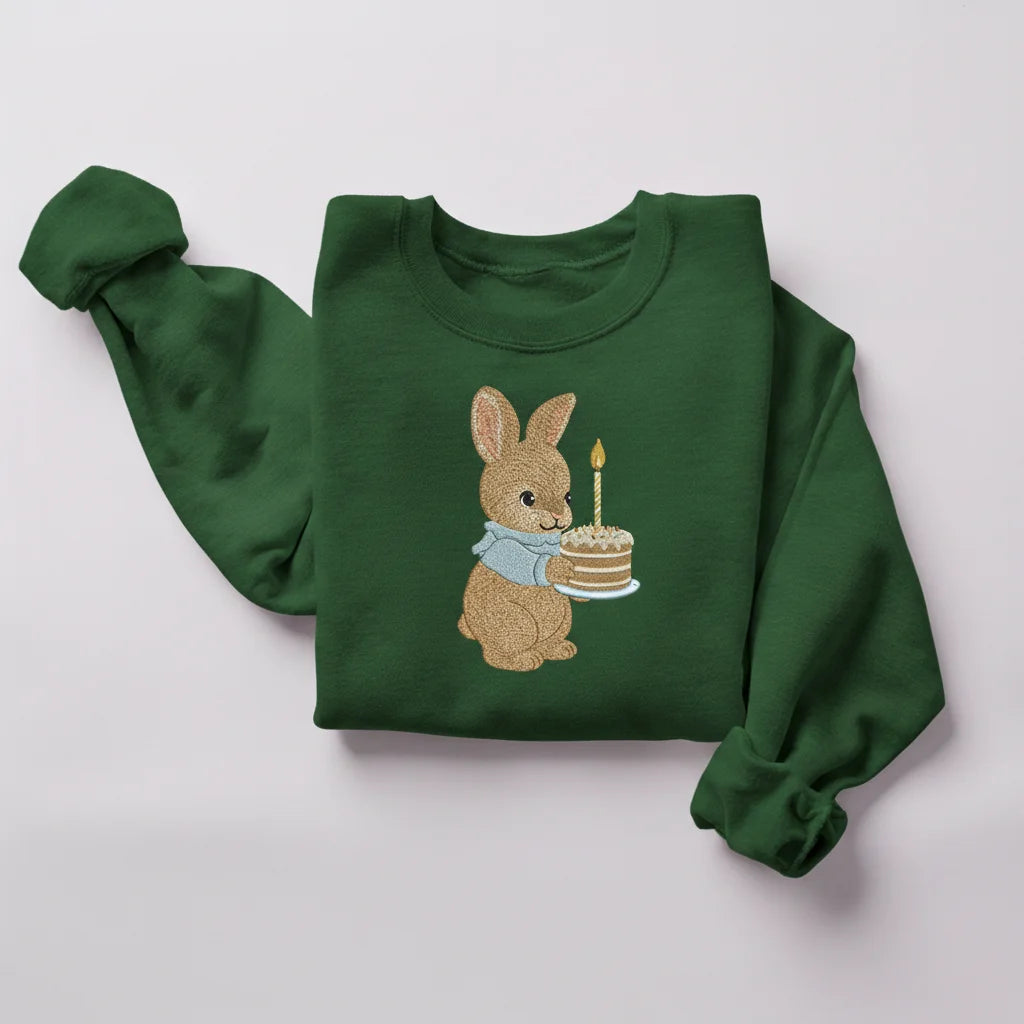 bunny birthday cake embroidery forest green sweatshirt mockup 04