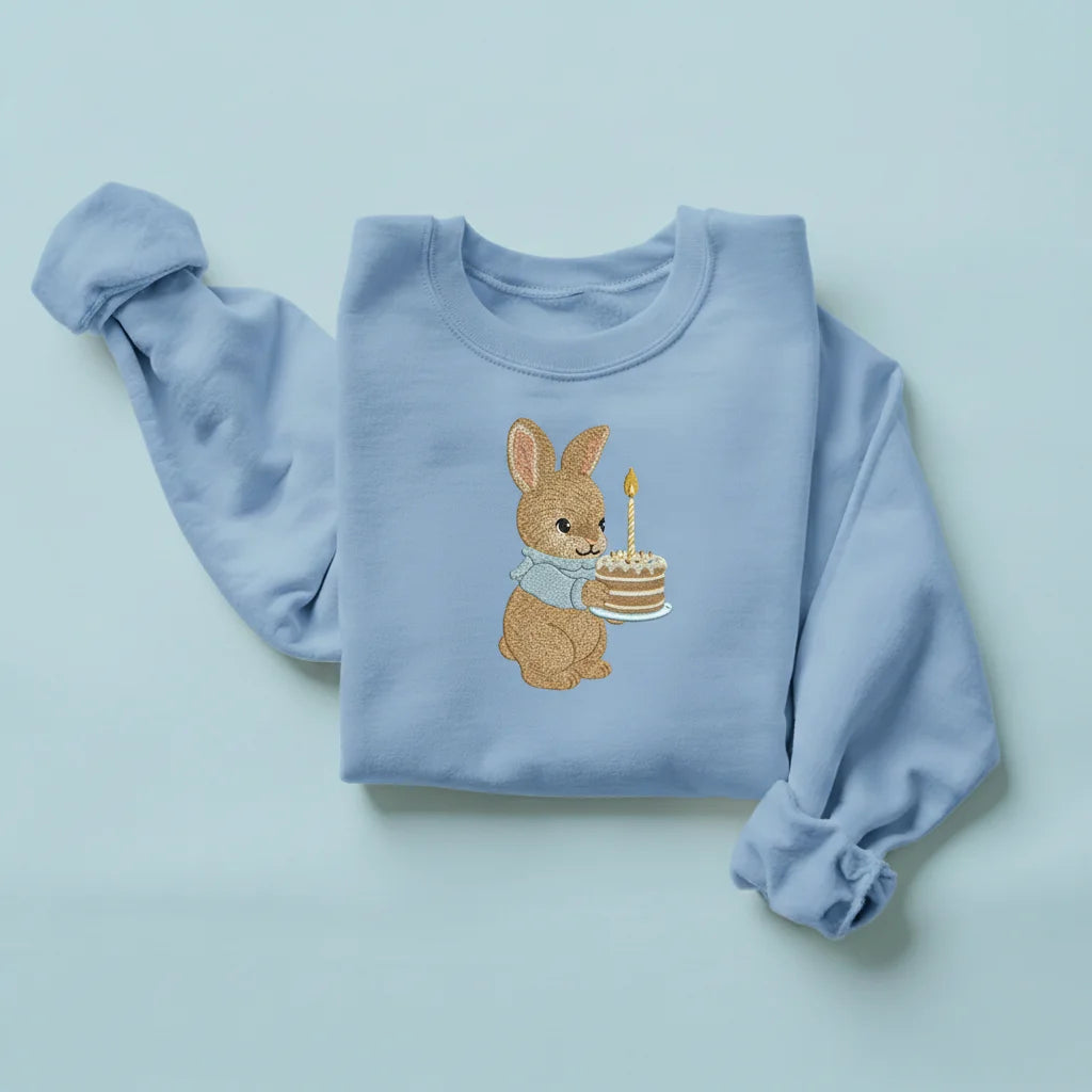 bunny birthday cake embroidery light blue sweatshirt mockup 03