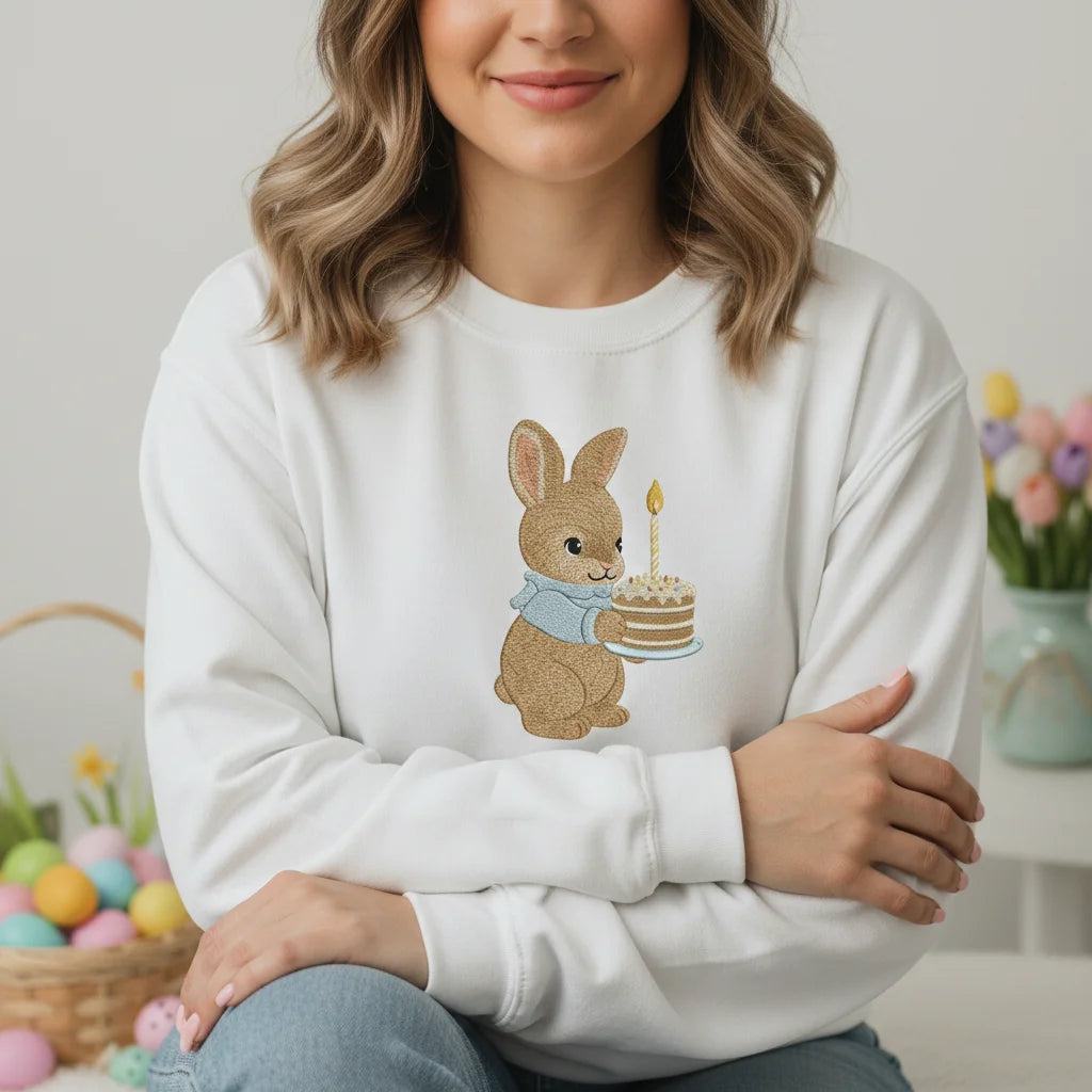 bunny birthday cake embroidery white sweatshirt lifestyle 01