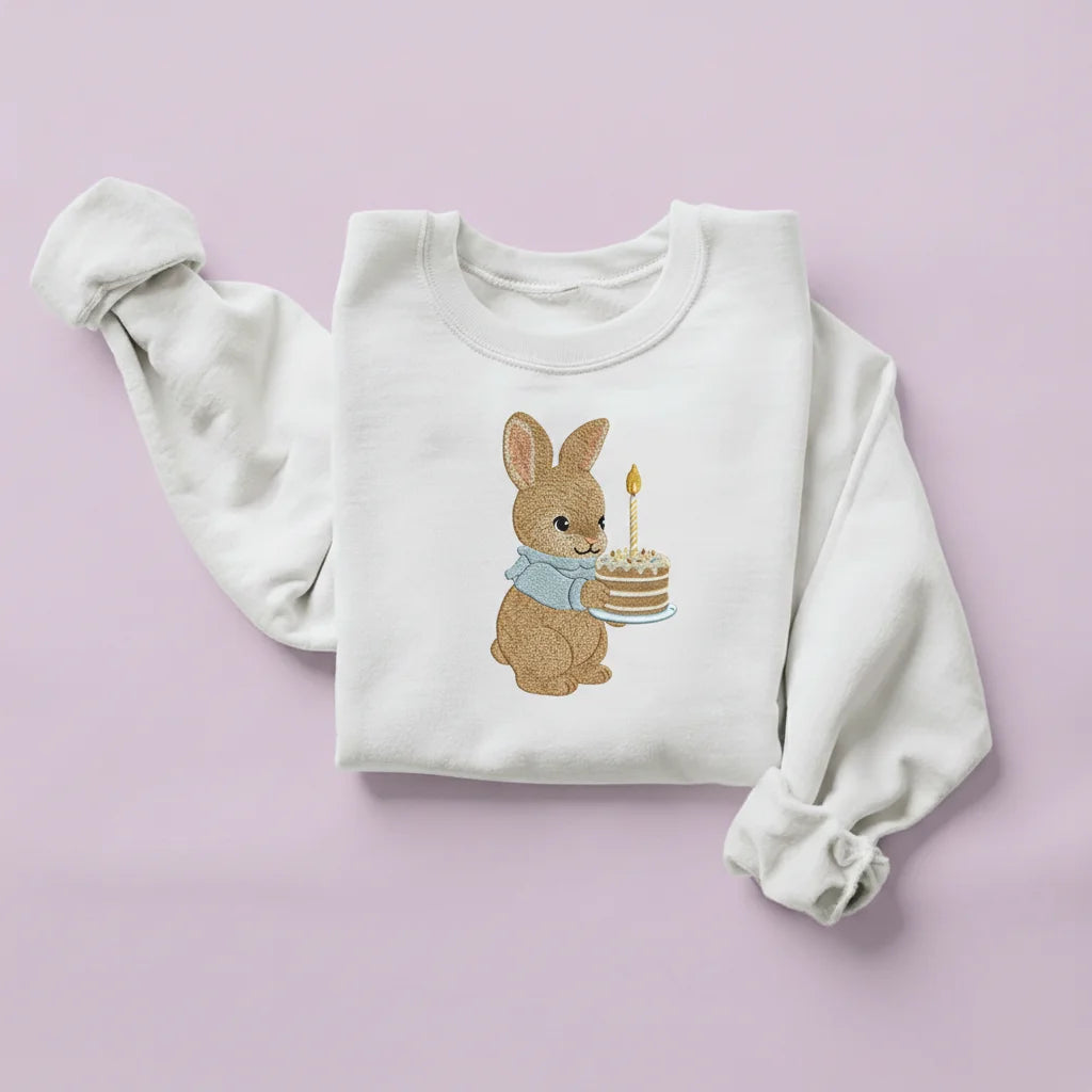 bunny birthday cake embroidery white sweatshirt mockup 02