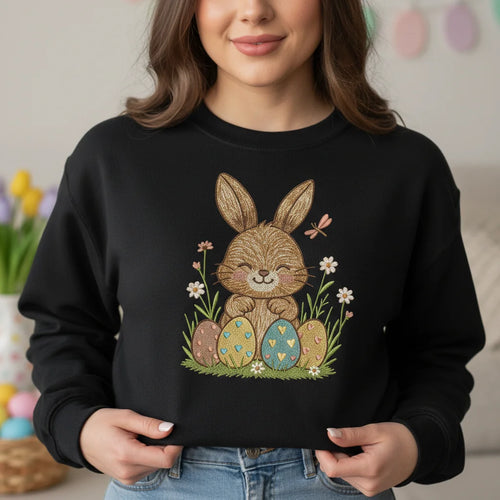 bunny easter eggs dragonfly embroidery black sweatshirt lifestyle 02