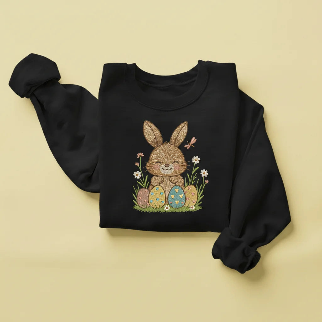 bunny easter eggs dragonfly embroidery black sweatshirt mockup 02
