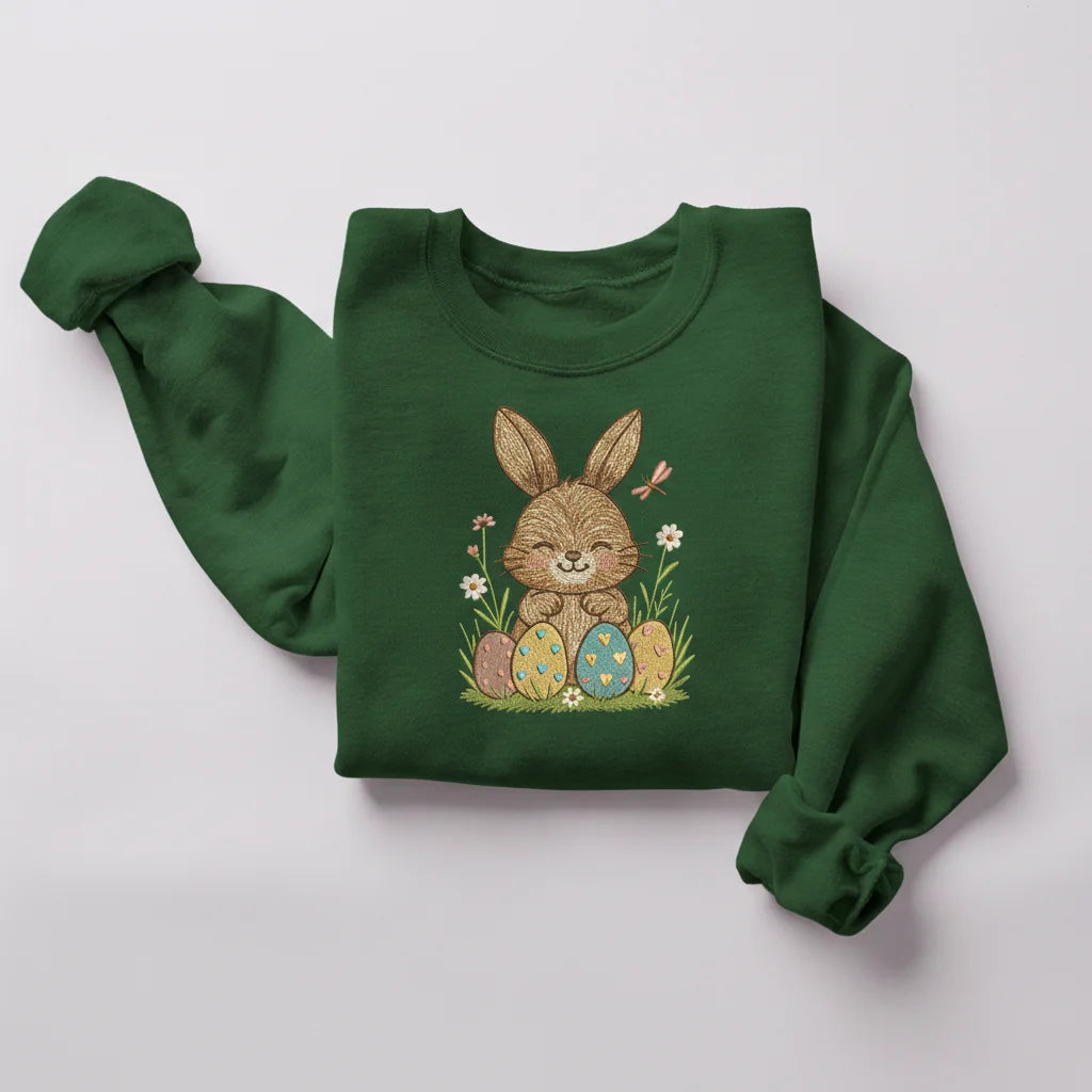 bunny easter eggs dragonfly embroidery forest green sweatshirt mockup 03