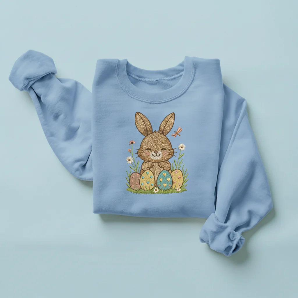 bunny easter eggs dragonfly embroidery light blue sweatshirt mockup 04