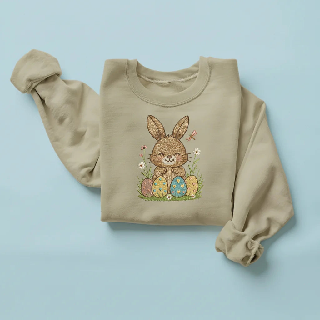 bunny easter eggs dragonfly embroidery sand sweatshirt mockup 05