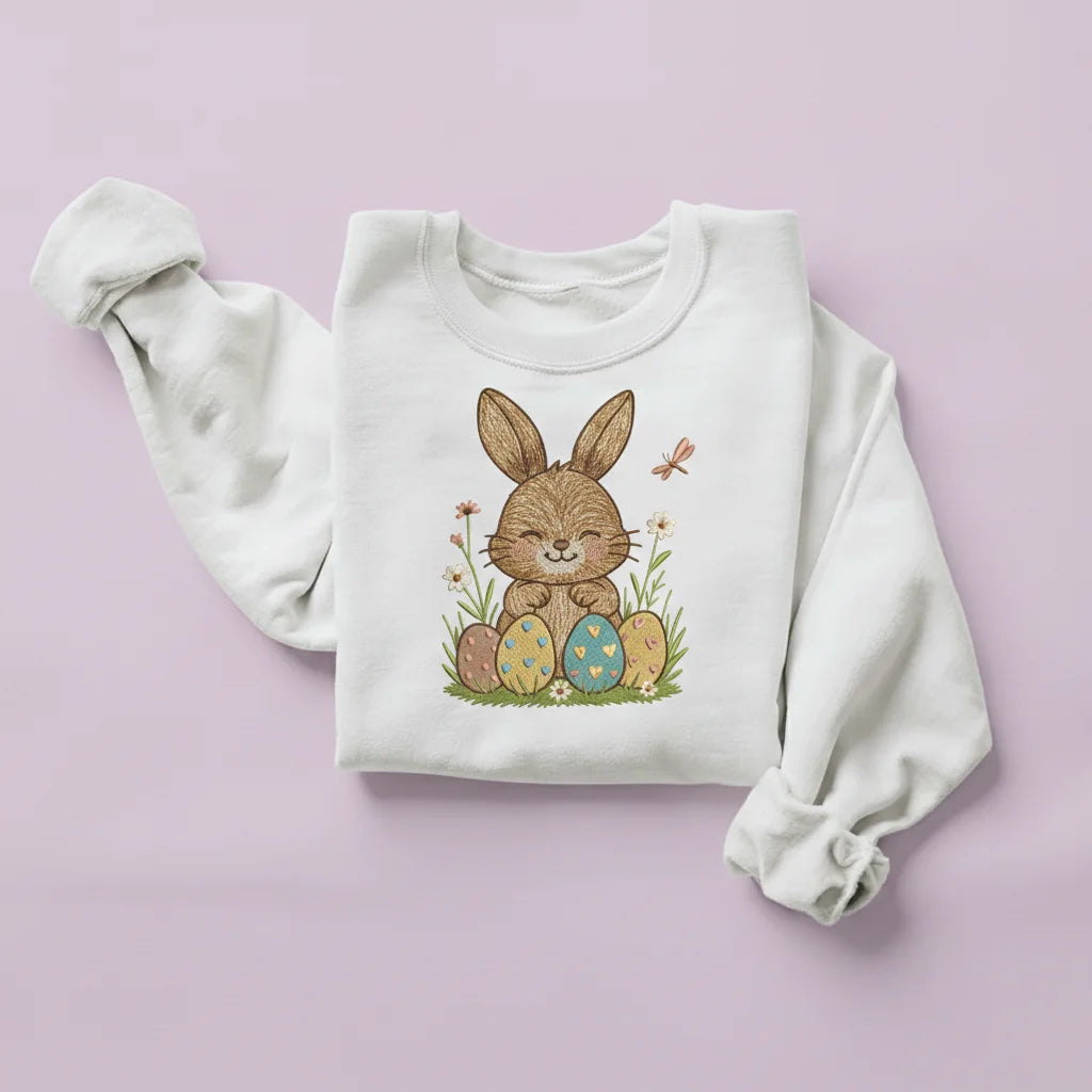 bunny easter eggs dragonfly embroidery white sweatshirt mockup 01