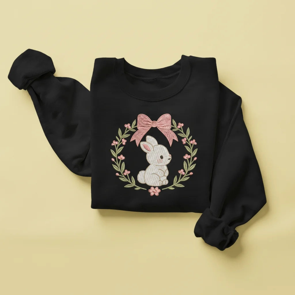 bunny floral wreath embroidery sweatshirt mockup black 01