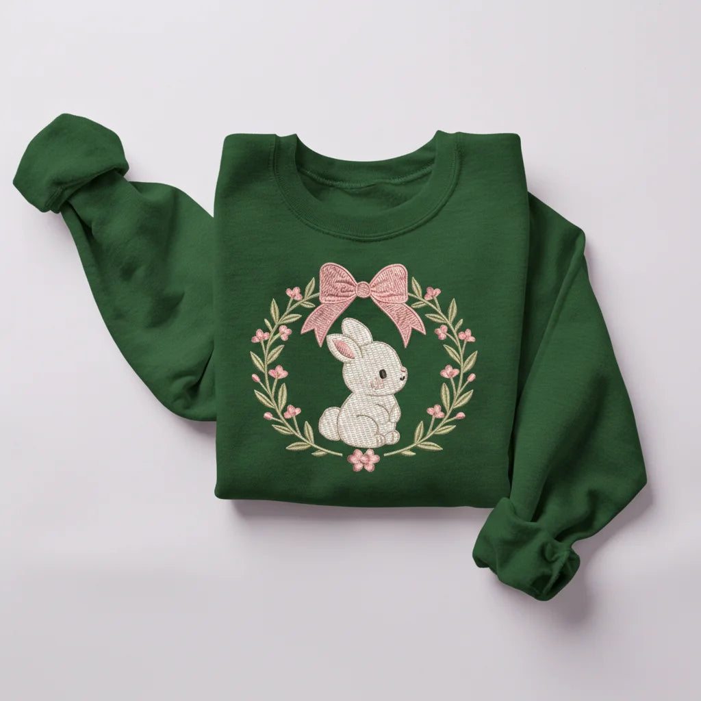 bunny floral wreath embroidery sweatshirt mockup forest green 02