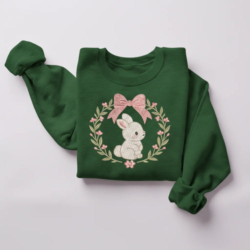 bunny floral wreath embroidery sweatshirt mockup forest green 02
